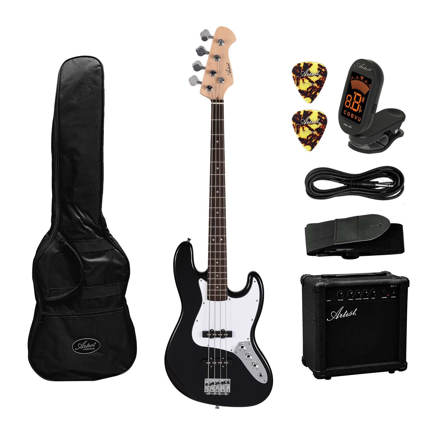 Artist JB2 Electric Bass Guitar Plus Accessories with 15 Watt Amp