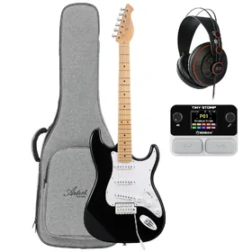 Artist AS10V2 Black Electric Guitar w/ Padded Bag, Soran Tiny Stomp & Headphones