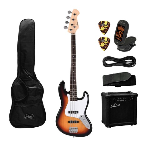 Artist JB2 Sunburst Electric Bass Guitar + Accessories and Amp