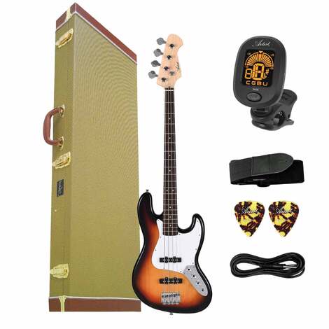 Artist JB2 Sunburst Electric Bass Guitar Plus Accessories + Tweed Case