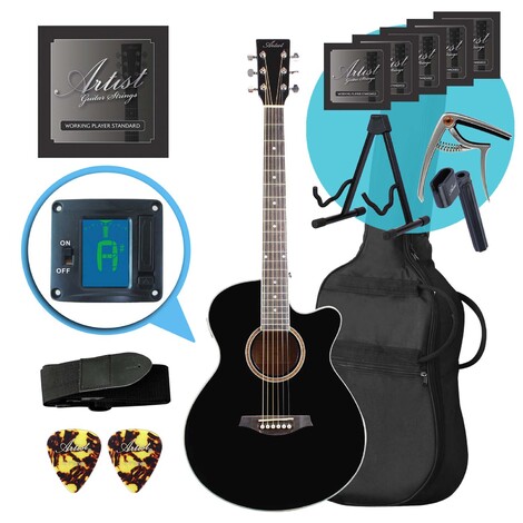 Artist LSPSBK Small Body Beginner Acoustic Guitar Ultimate Pack Black 