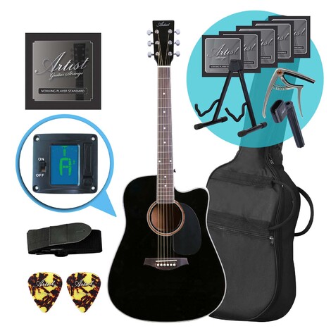Artist LSPCBK Acoustic Guitar With Cutaway Ultimate Pack - Black