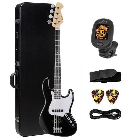 Artist AJB Black Electric Bass Guitar Plus Accessories + Black Case